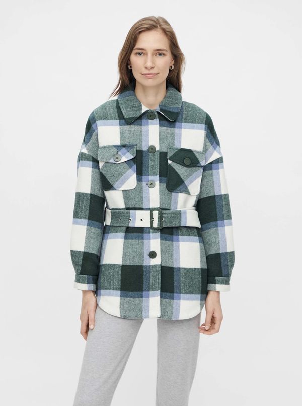 Pieces White and Green Plaid Shirt Jacket Pieces - Women's