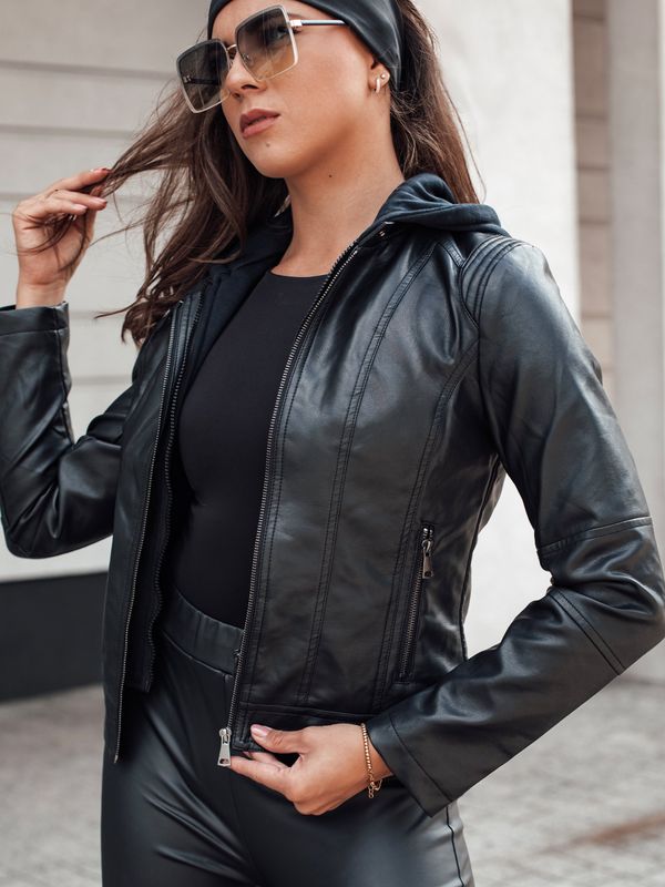DStreet Women's leather jacket with hood REBELLO black Dstreet