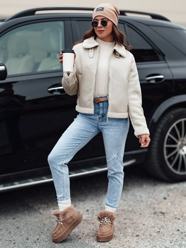 DStreet Women's suede jacket with fur KASAMIRA white Dstreet