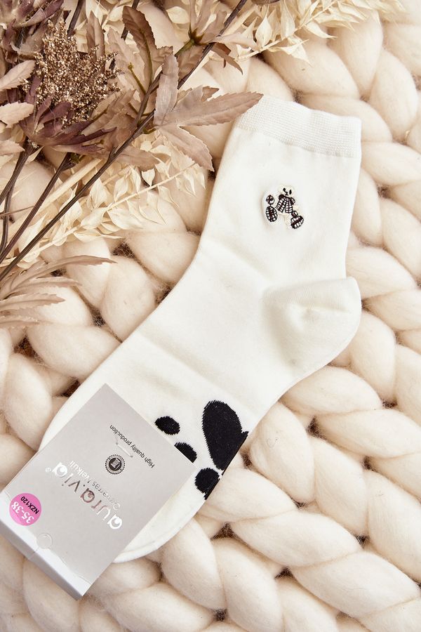 Kesi Women's cotton socks with teddy bear appliqué, white