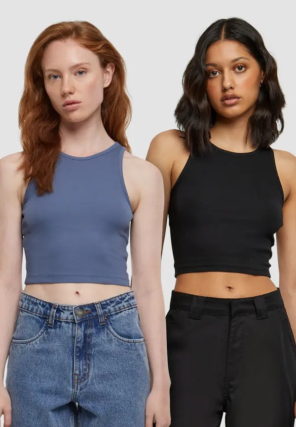 Urban Classics Women's Cropped Rib Top - 2 Pack Blue+Black