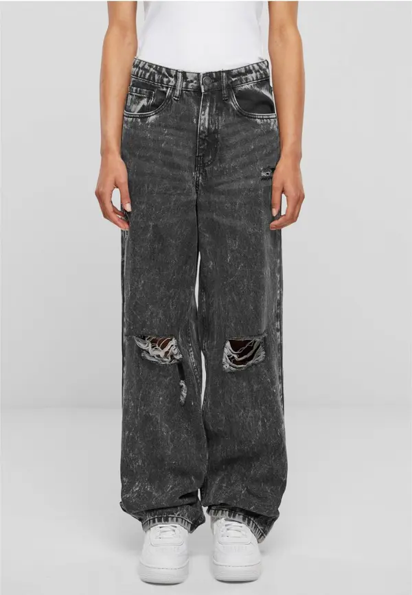 Urban Classics Women's Distressed 90's Wide Jeans - Black