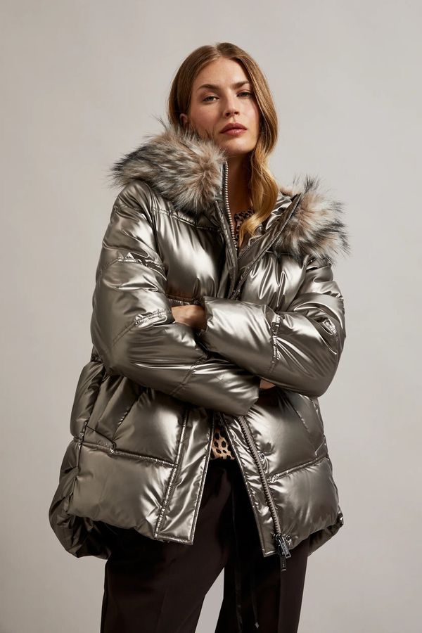 Moodo Women's metallic jacket with fur hood MOODO - beige
