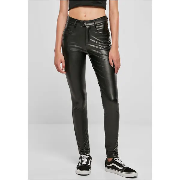Urban Classics Women's mid-waisted synthetic leather trousers black