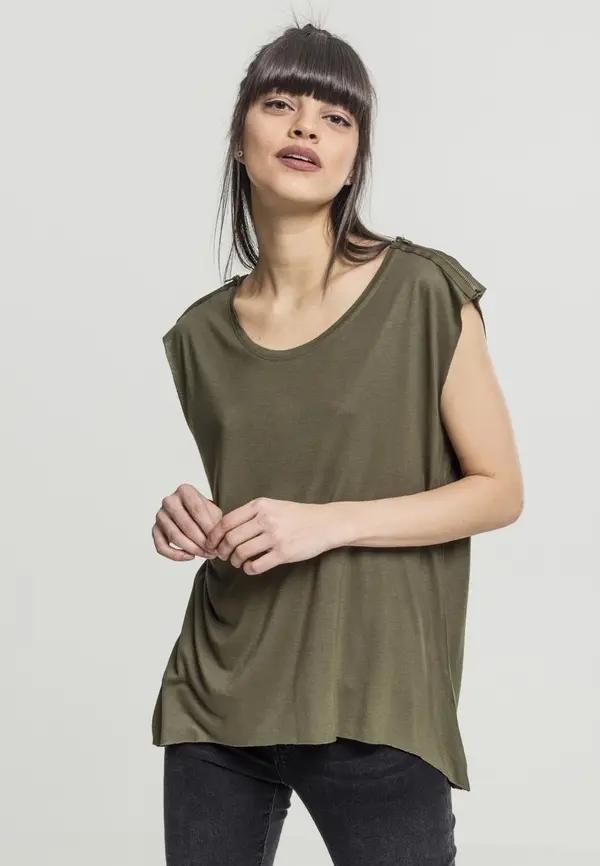 Urban Classics Women's Olive T-Shirt HiLo with Shoulder Zipper