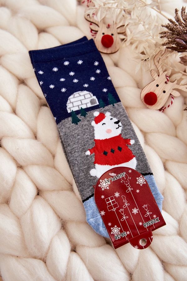 Kesi Women's Socks Christmas Patterns With Plush Teddy Bear And Igloo Grey-Navy