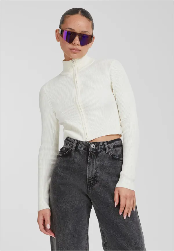 Urban Classics Women's sweater with a zipper with cropped rib knit whitesand