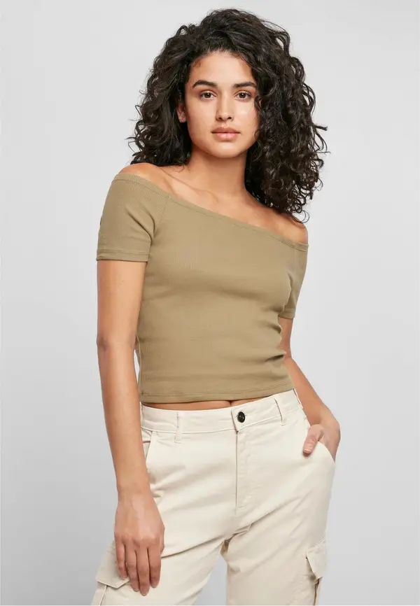 Urban Classics Women's t-shirt in khaki color with a buttoned shoulder