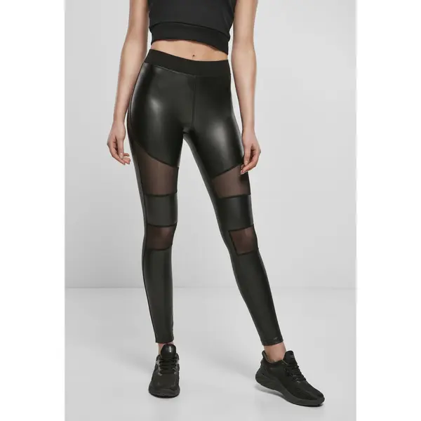 Urban Classics Women's Tech Mesh Leggings in Faux Leather Black