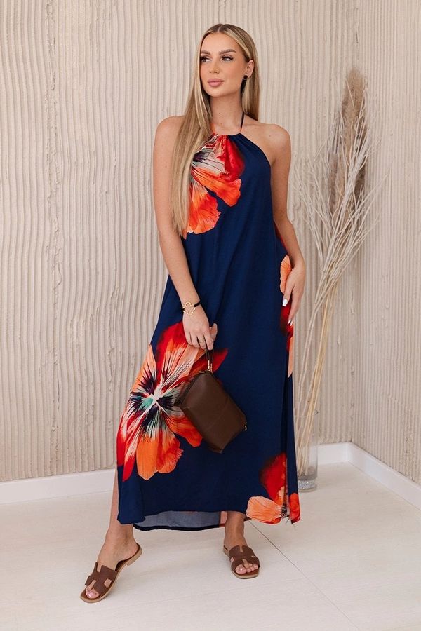 Włoski Women's Viscose Dress with Ties Around the Neck - Navy Blue