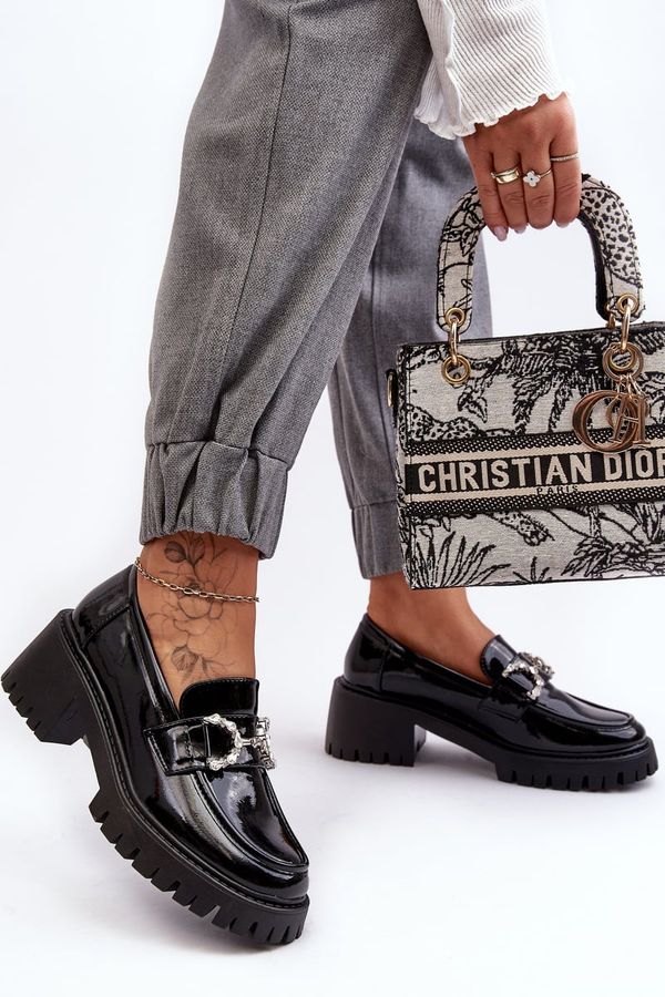 WS1 WS1 Дамски лачени полуботи на масивен ток черни Lemmitty