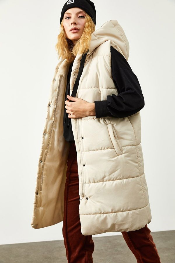 XHAN XHAN Дамски Ecru качулка & надуваема жилетка с щракам бутон