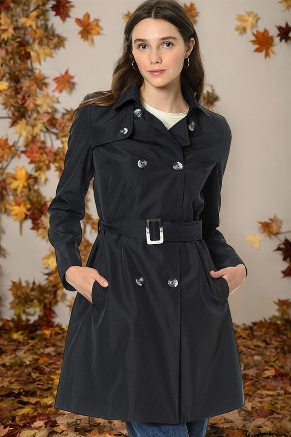 dewberry Z6642 DEWBERRY WOMEN'S TRENCH COAT-PLAIN NAVY BLUE