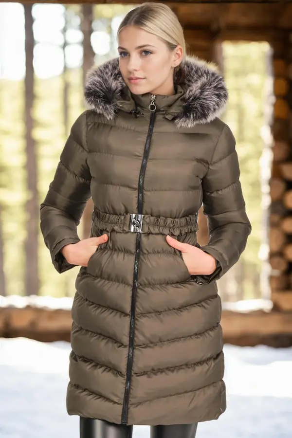 dewberry Z6690 DEWBERRY FUR HOODED LADIES' COAT-PLAIN KHAKI