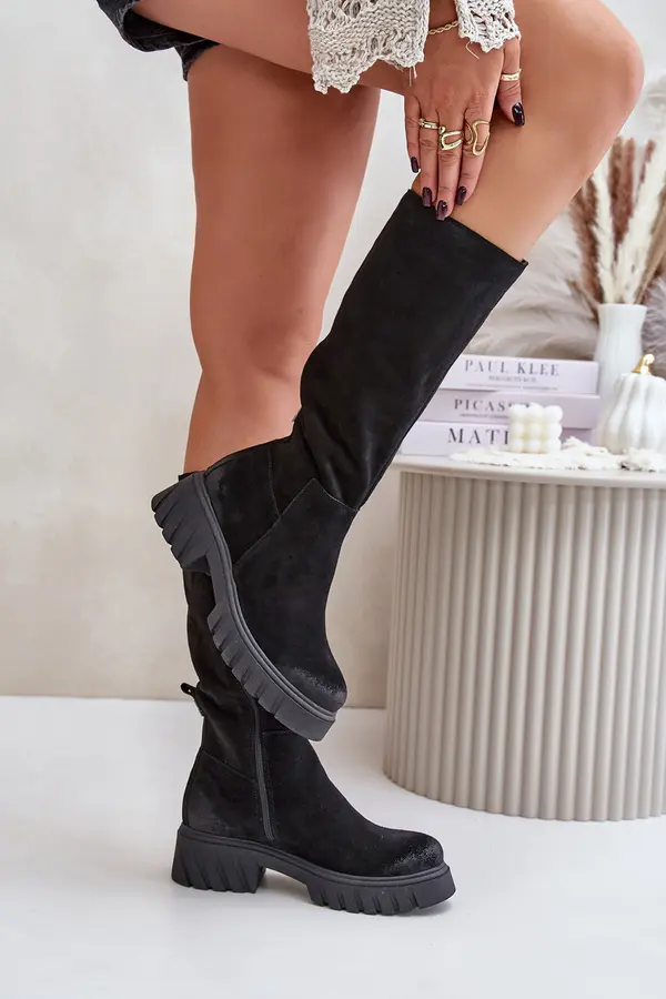 Zazoo Замшеви Ботуши До Коляното С Топлина Черни Zazoo 70145