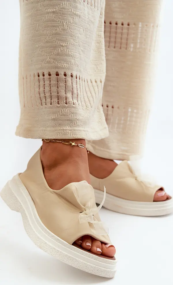 Zazoo Zazoo 2939 кожени дамски сандали с панделка светло бежово