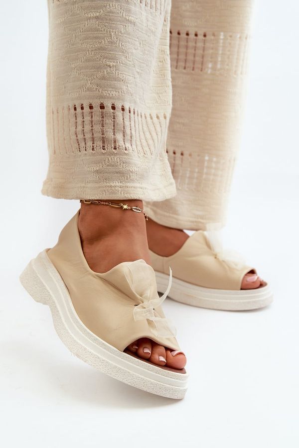 Zazoo Zazoo 2939 кожени дамски сандали с панделка светло бежово