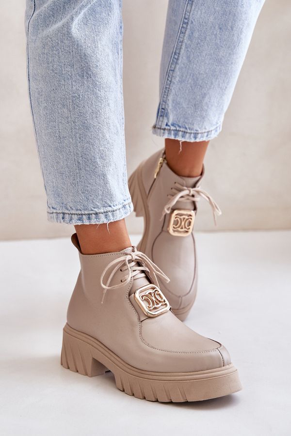 Zazoo Zazoo 2952 Кожени ботуши със златиста декорация Бежово