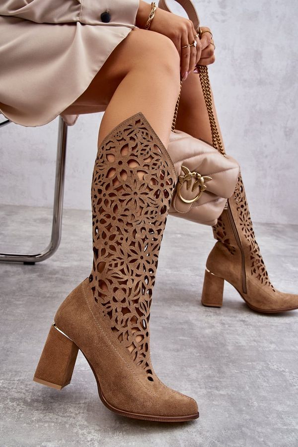 Zazoo Zazoo 3234 Велурени ажурни ботуши Тъмно бежови