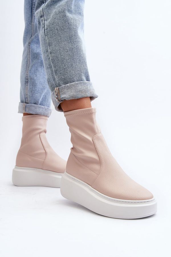 Zazoo Zazoo 3395 Дамски кожени ботуши на масивна платформа Бежови