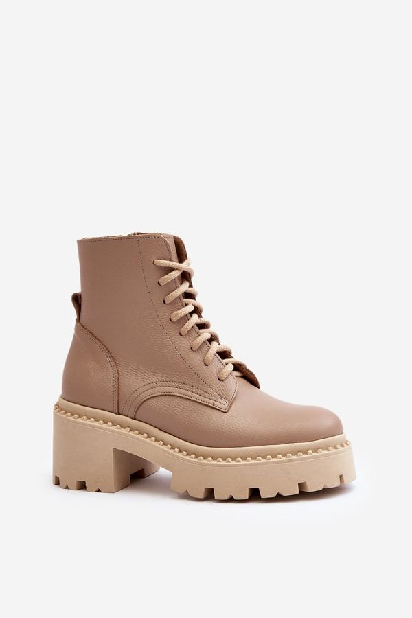 Zazoo Zazoo 3413 Дамски кожени ботуши с голям ток Бежови