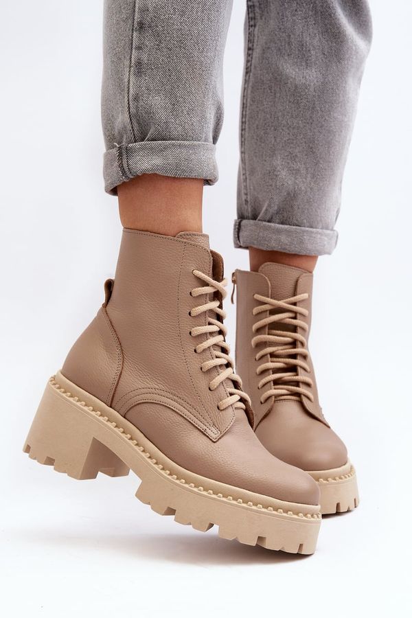 Zazoo Zazoo 3413 Дамски кожени ботуши с голям ток Бежови