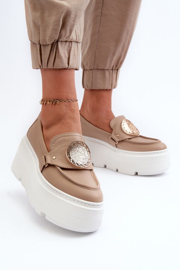 Zazoo Zazoo 3458 Дамски кожени мокасини с орнамент Бежови