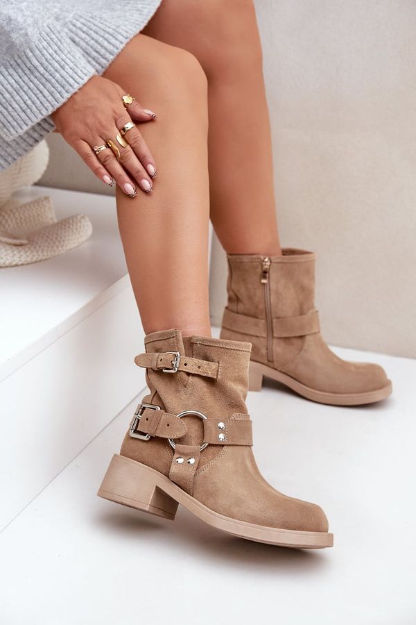 Zazoo Zazoo Дамски Боти От Замша С Нисък Ток От Блок З Списъци Зазу 3644 Бежови