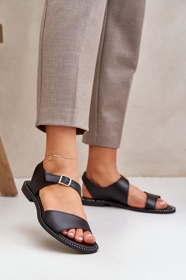 Zazoo Zazoo Дамски кожени плоски сандали Зазу 3014 черни