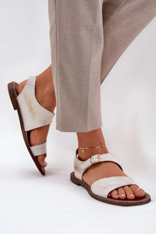 Zazoo Zazoo Дамски кожени плоски сандали Зазу 3014 златисти изтъркани