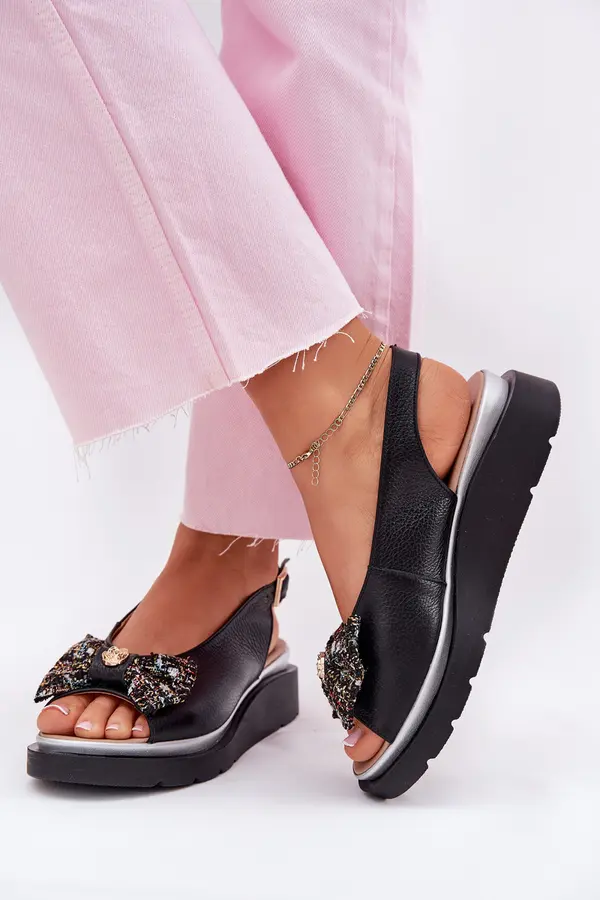 Zazoo Zazoo Дамски кожени сандали на платформа с панделка Зазу 1882 черни