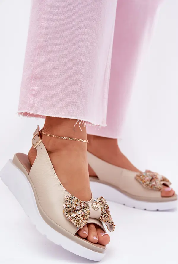 Zazoo Zazoo Дамски Кожени Сандали На Ток С Панделка Бежови Зазу 1882