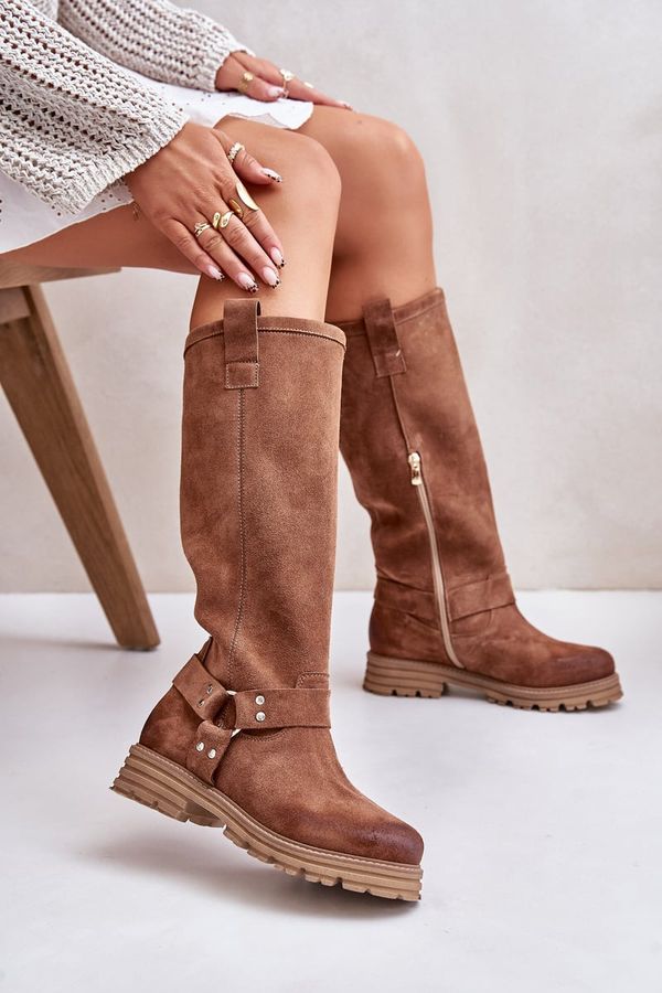 Zazoo Zazoo Дамски велурени ботуши до коляното Кафяви Lewski 3615