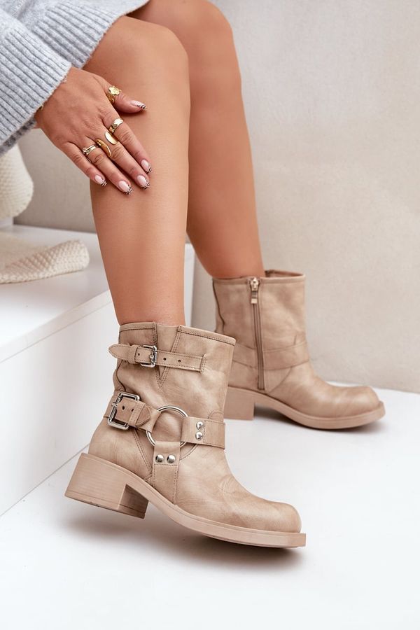 Zazoo Zazoo Кожени Дамски Ботуши На Нисък Ток С Ленти Зазу 3644 Бежови