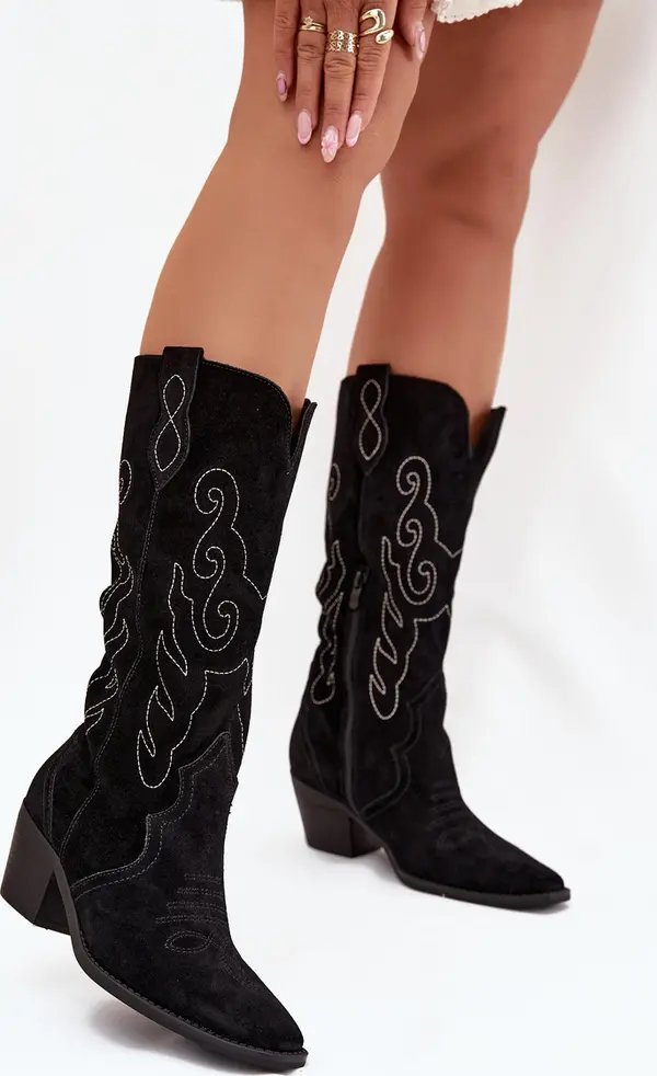 Zazoo Zazoo Кожени Ковбойски Чизми За Жени С Ток Черни Карира