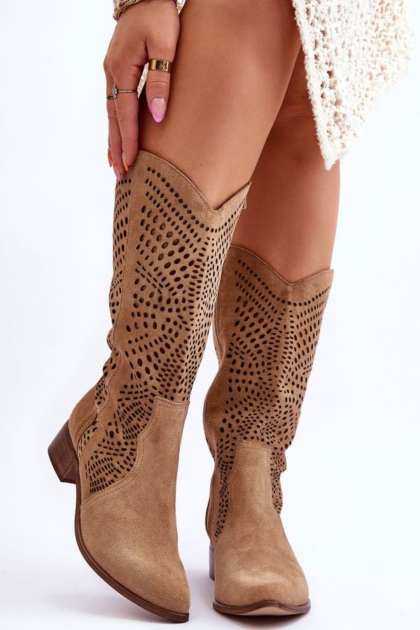 Zazoo Zazoo Велурени каубойски ботуши преди коляното Leewski Shoes 3305 Бежово