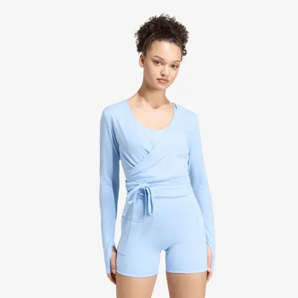 adidas Performance Тениска adidas 3 Stripes Studio Soft Ballet Wrap Top Glow Blue/ Earth Strata S