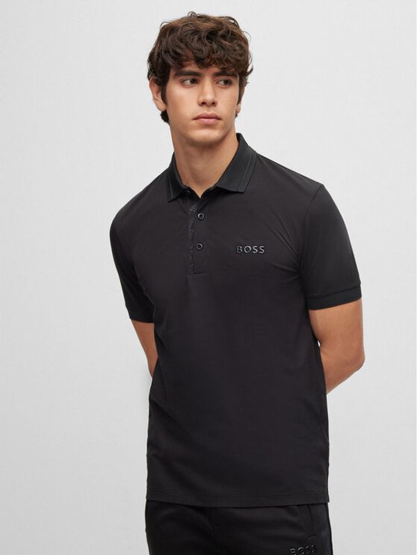 Boss Boss Тениска с яка и копчета 50488314 Черен Regular Fit