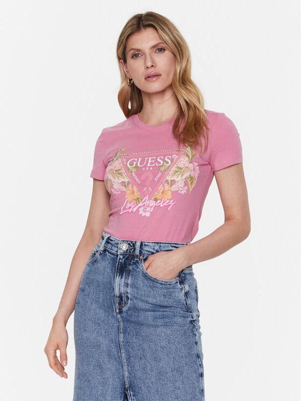 Guess Guess Тишърт Traingle Flowers W3GI41 J1314 Розов Slim Fit