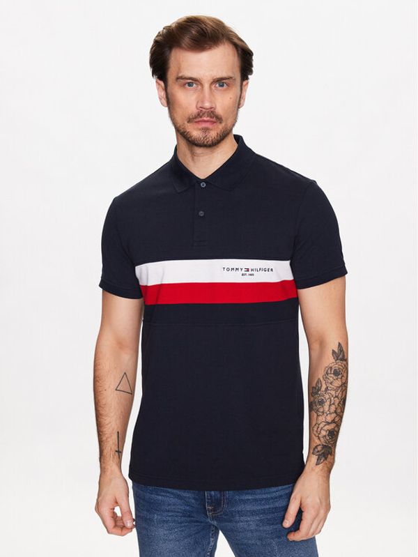 Tommy Hilfiger Tommy Hilfiger Тениска с яка и копчета Chest Colorblock MW0MW30766 Тъмносин Slim Fit