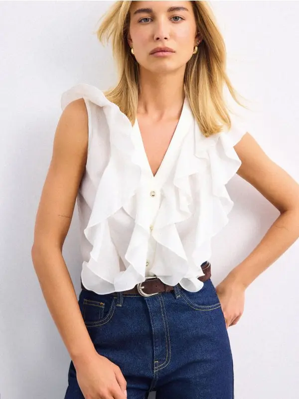 Mohito Mohito - Блуза от памук и лиосел - кремaво