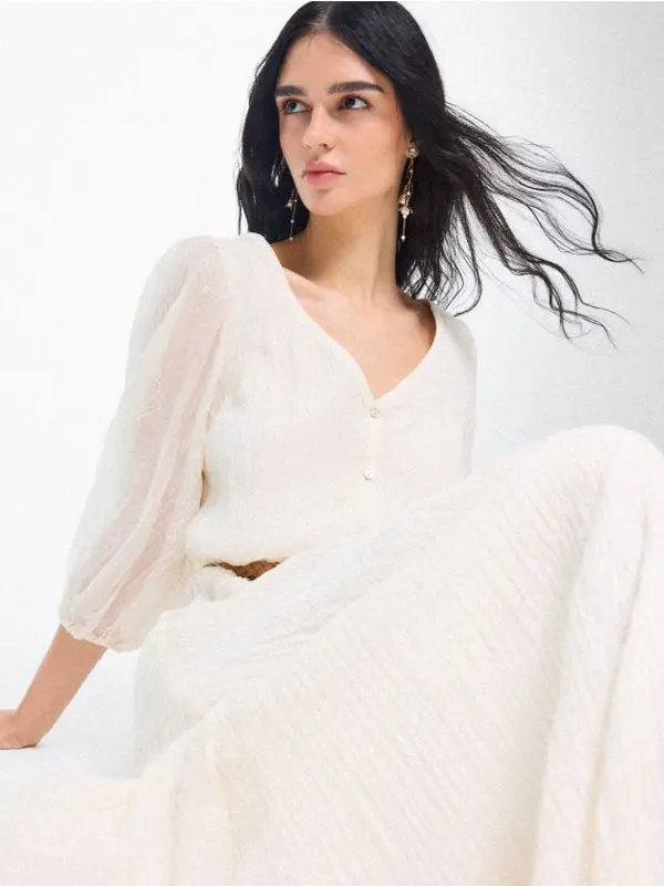 Mohito Mohito - Макси рокля с буфан ръкави - кремaво