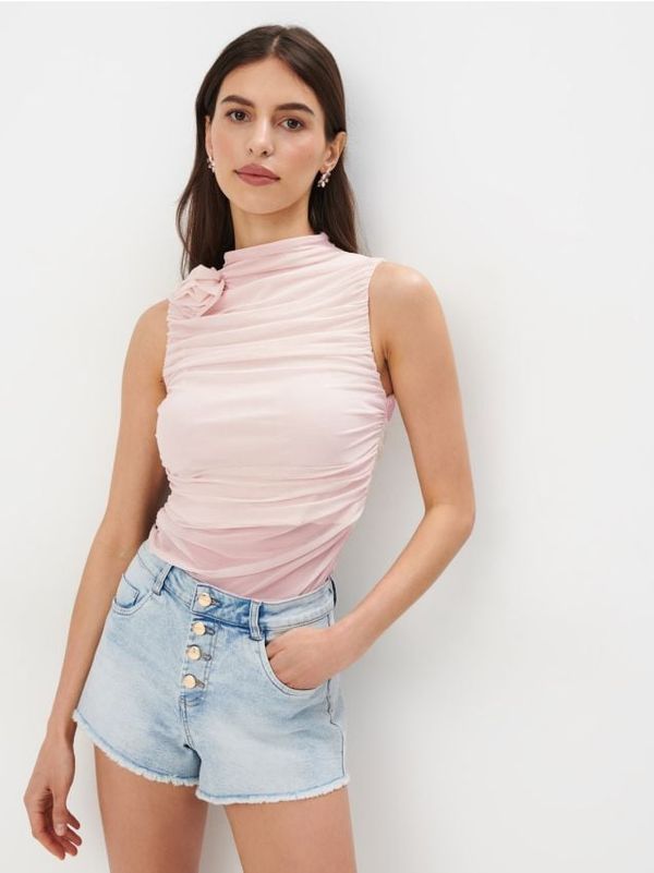 Mohito Mohito - Топ от намачкан плат - пастелно розово