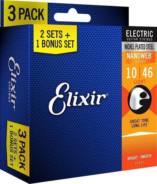 Elixir Elixir 16542 Nanoweb Electric Guitar Light 3 Pack (10-46) Струни за електрическа китара