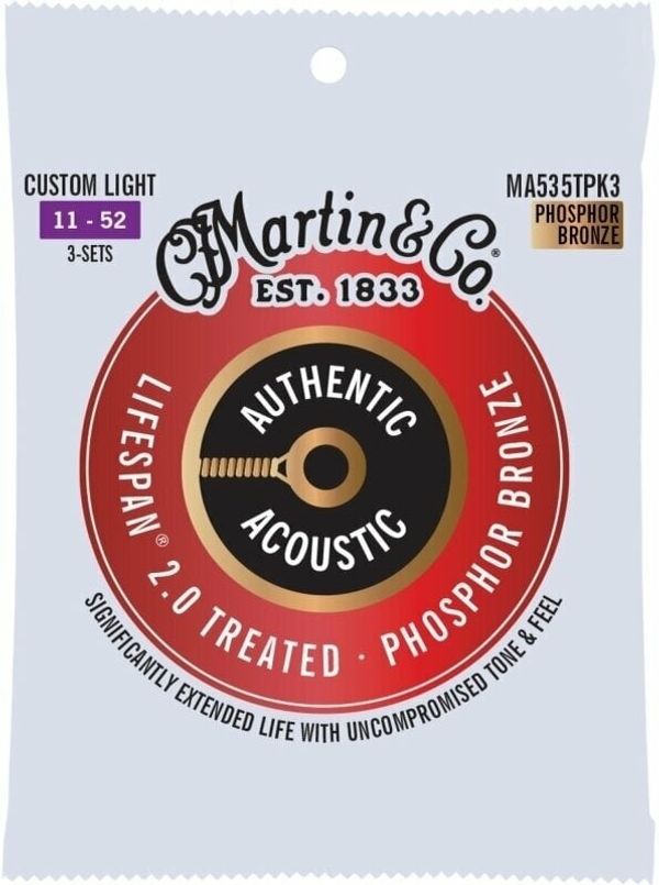 Martin Martin Authentic Lifespan 2.0 92/8 Phosphor Bronze Custom Light 3-Pack Струни за акустична китара