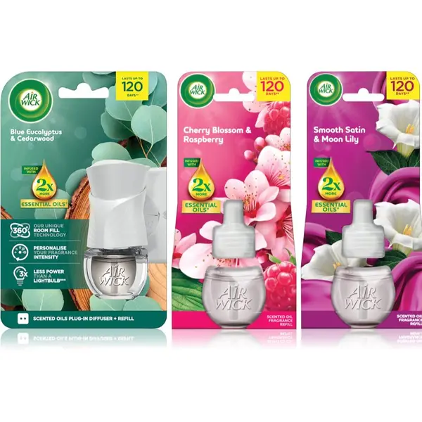 Air Wick Air Wick Cherry Blossom & Rasberry Blue Eucalyptus & Cedarwood Essential Oils Smooth Satin & Moon Li ароматизатор за въздух