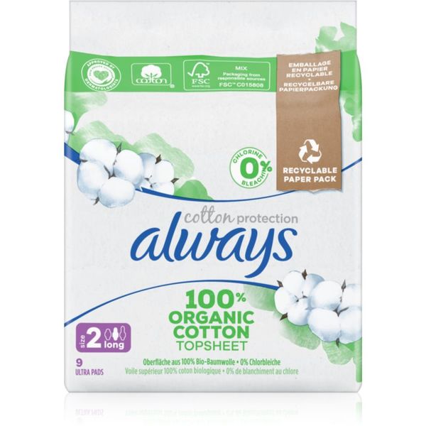 Always Always Cotton Protection Long санитарни кърпи без парфюм 9 бр.