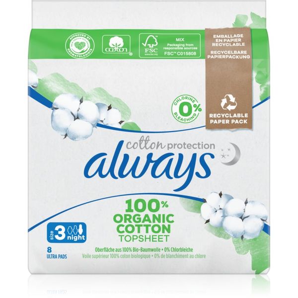 Always Always Cotton Protection Night санитарни кърпи без парфюм 8 бр.