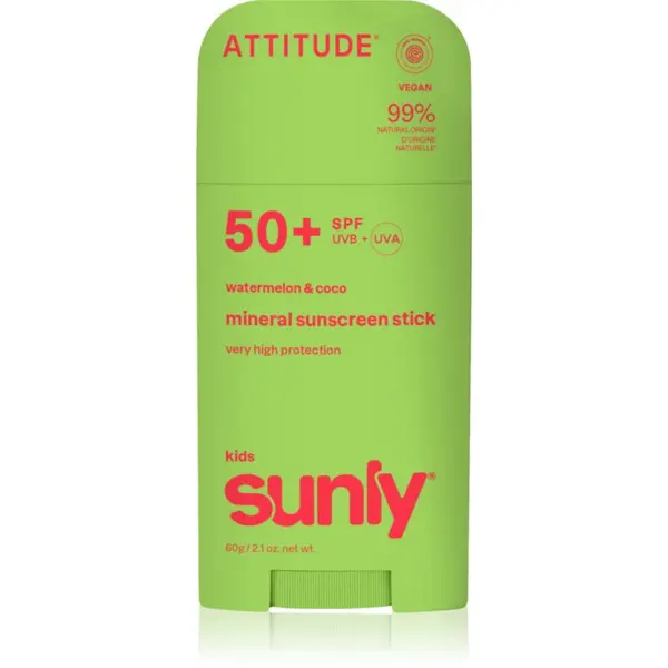 Attitude Attitude Sunly Kids Watermelon & Coco минерален защитен крем за лице и тяло в стик SPF 50+ 60 гр.