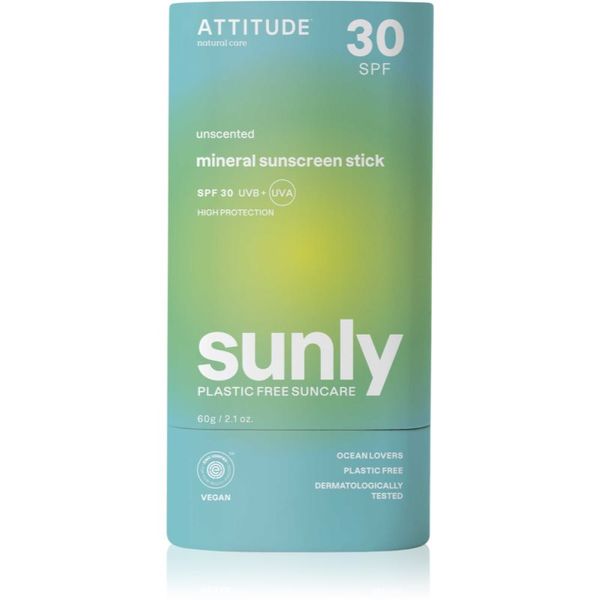 Attitude Attitude Sunly Sunscreen Stick слънцезащитен минерален крем в стик SPF 30 Unscented 60 гр.